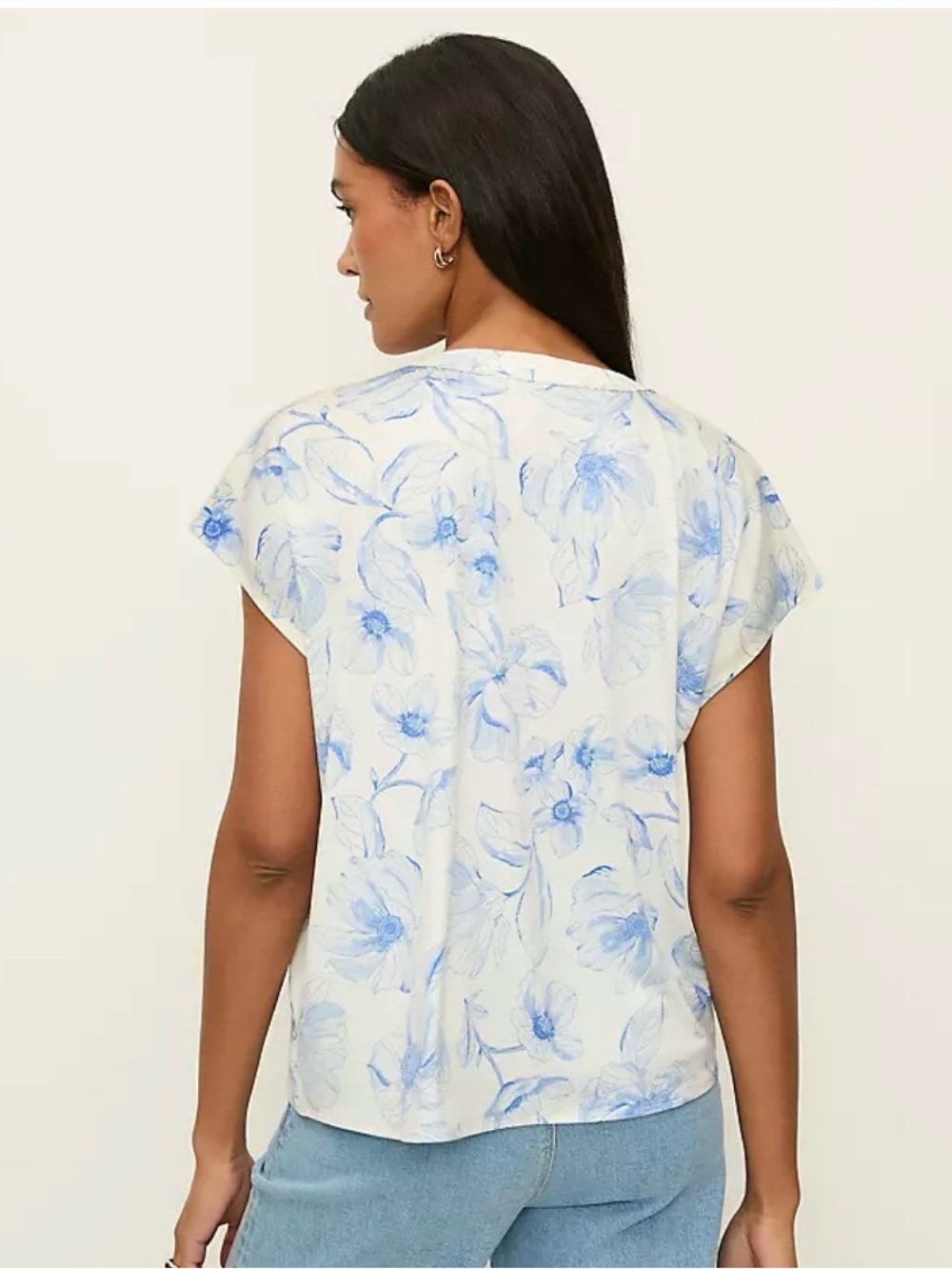 Ann Taylor Mixed Media White Floral V-Neck Blouse with Blue Sketch Print - Picture 2 of 4